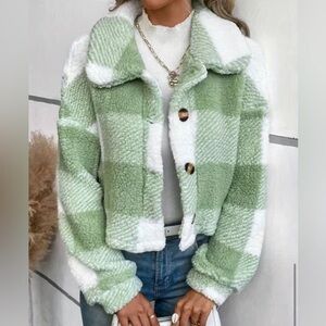 New Teddy Plaid Mint Green White Coat Button Front Long Sleeve Outerwear NWT